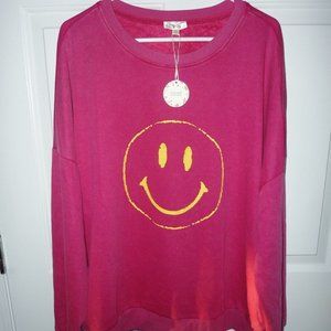 NWT Oddi Retro Smiling Face Fleece Sweatshirt Fuschia Plus 3X Very Over Sized